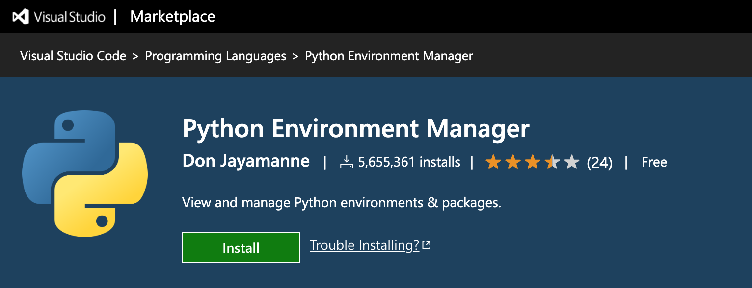 VS Code Marketplace Python Environment Manager