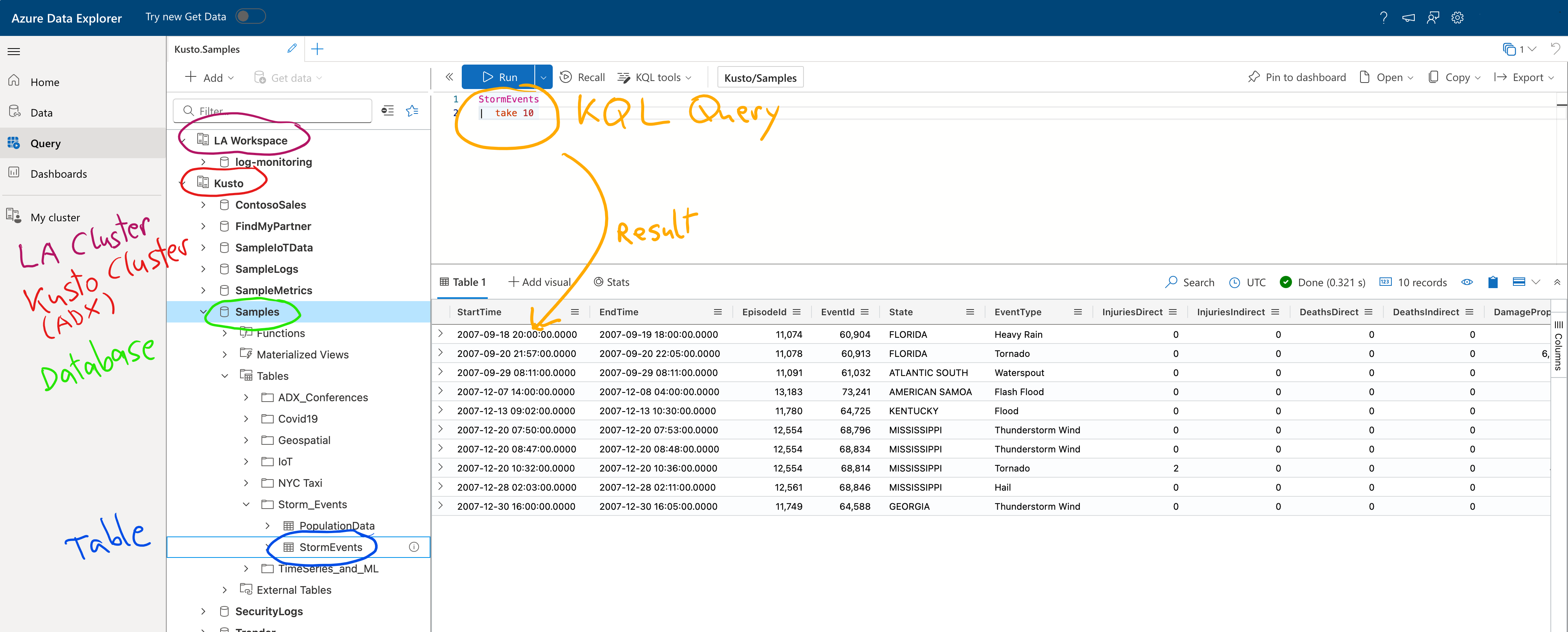 Kusto Explorer Connections and Query