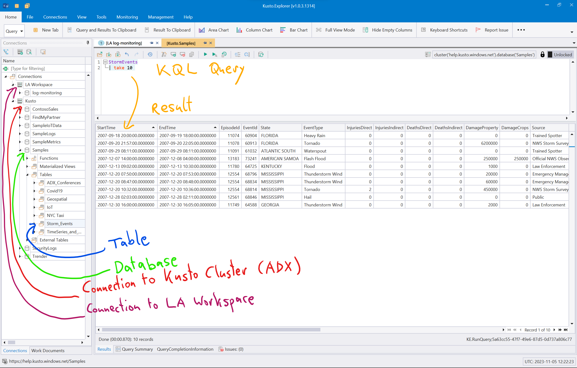 Kusto Explorer Connections and Query